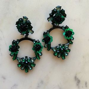 Stunning Green & Black Mixed-Material Statement Earrings (Sequins, Crystals)